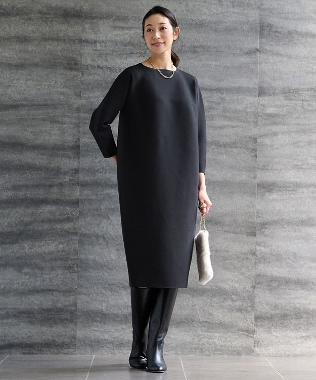 自由区 【洗える】ポリエステルホールガーメントニット ワンピース ブラック