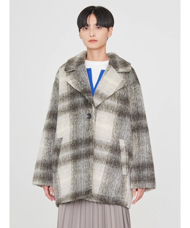 AMERICAN HOLIC チェックコクーンミディコート Check Ivory