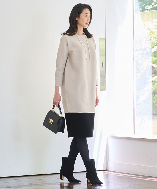 自由区 S 【洗える】ポリエステルホールガーメントニット ワンピース シャンパンベージュ×ブラック