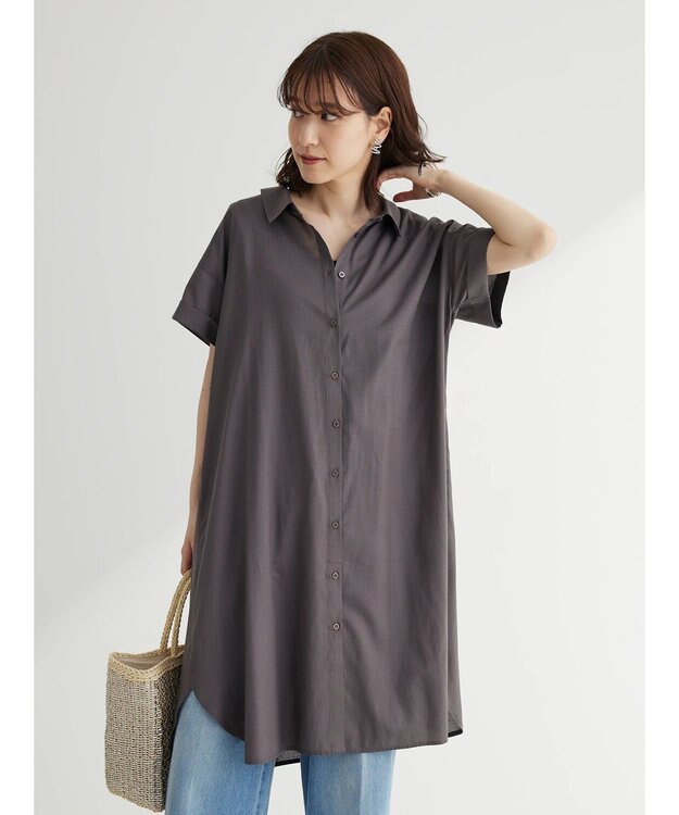 Green Parks ミディ丈半袖シャツワンピース Charcoal Gray