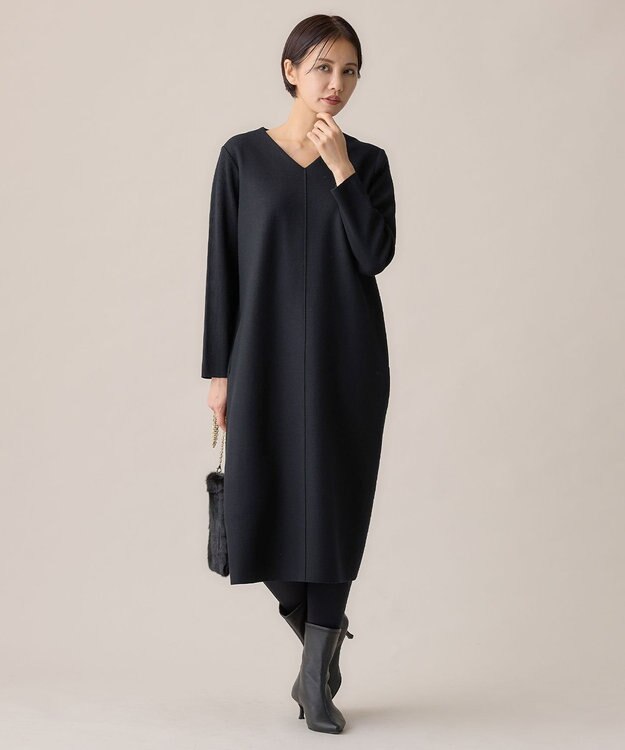 自由区 L ウールニットコンビジャージーVネック ワンピース ブラック系