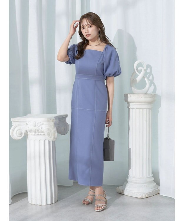 earth music&ecology 配色ステッチパフスリーブワンピース Black