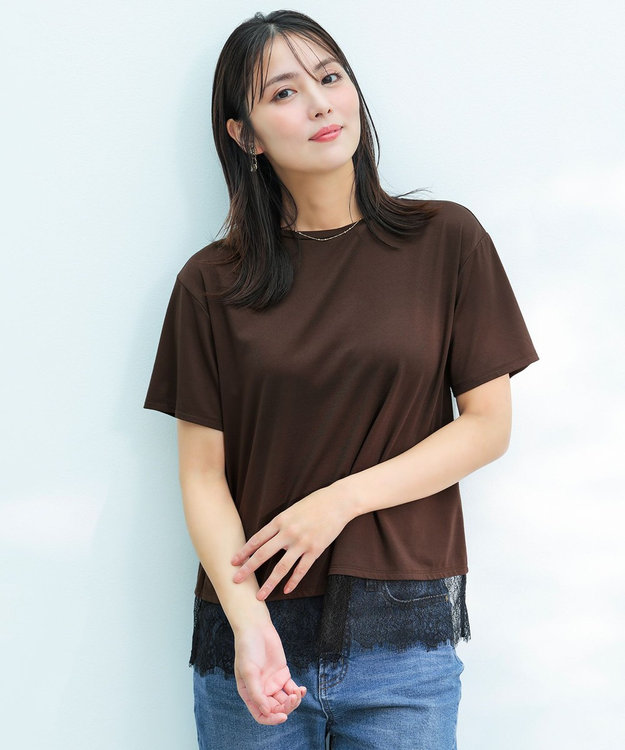 ANY SIS L 裾レース半袖Ｔシャツ ブラウン×ブラック