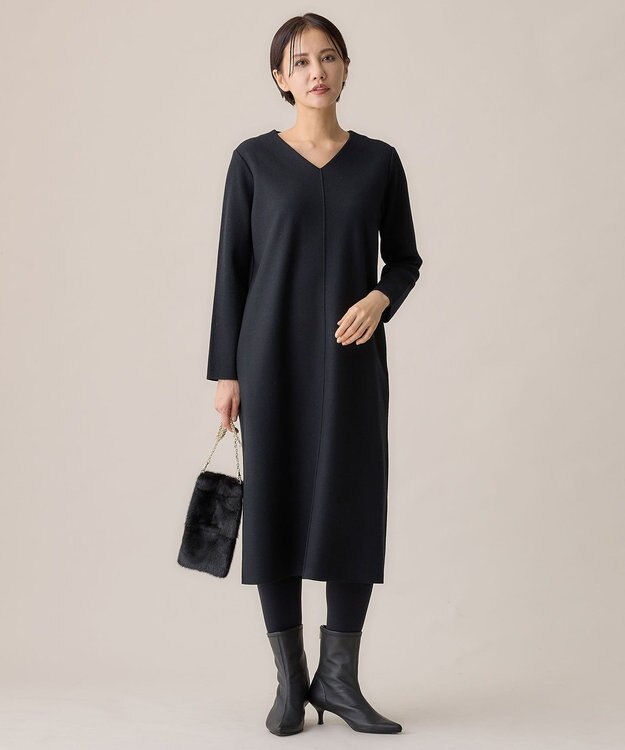 自由区 L ウールニットコンビジャージーVネック ワンピース ブラック系