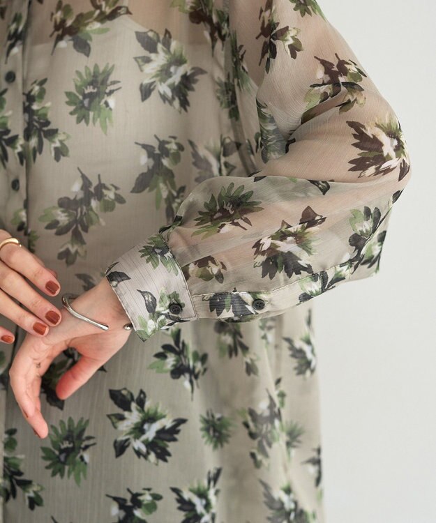 YECCA VECCA フラワー柄シアーロングシャツ Light Khaki