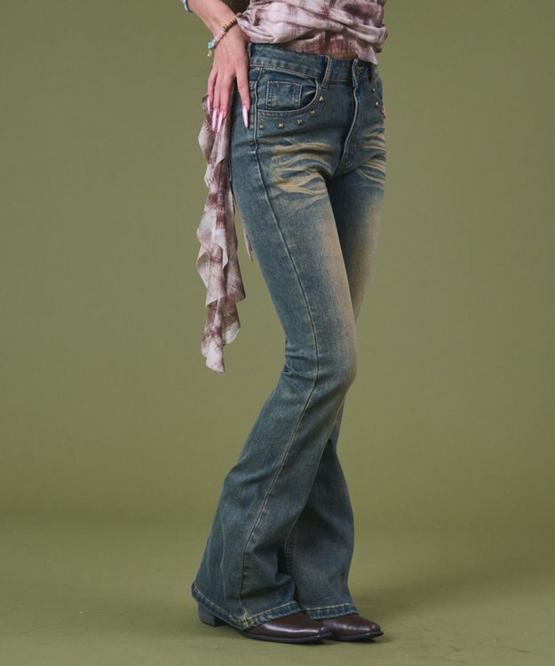 WEGO ブラストスタッズフレアデニム デニム中濃色