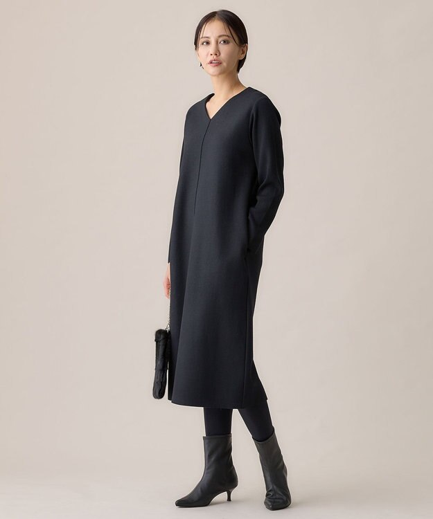 自由区 L ウールニットコンビジャージーVネック ワンピース ブラック系