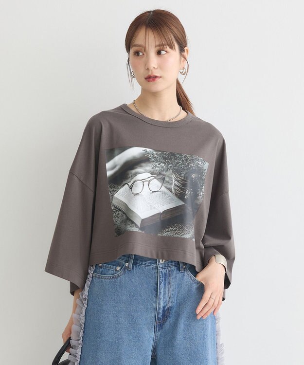 earth music&ecology アソートプリントワイドTee Charcoal Gray