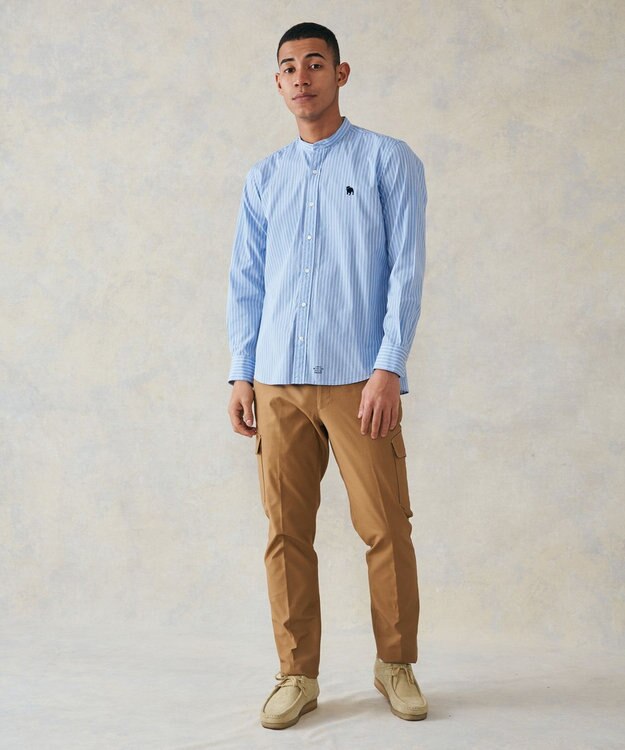 J.PRESS MEN 【WEB限定】ポプリンストライプ バックブルバンドカラーシャツ サックスブルー系1