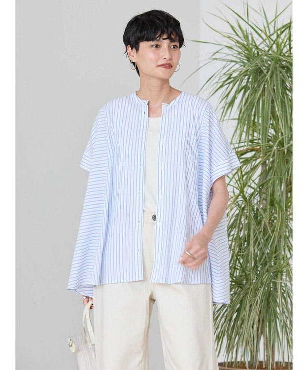 AMERICAN HOLIC 接触冷感フレンチスリーブ切り替えフレアブラウス Stripe Ivory