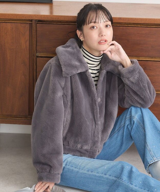 earth music&ecology ファーショートコート チャコールグレー