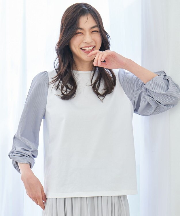 ANY 【洗濯機可/UVケア/アンチピリング】布帛ねじり袖コンビプルオーバー ホワイト×ストライプ