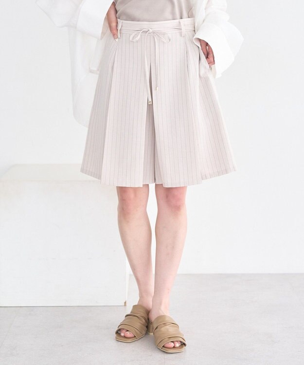 earth music&ecology 【セットアップ対応】ウエストリボンバミューダパンツ Stripe Ivory