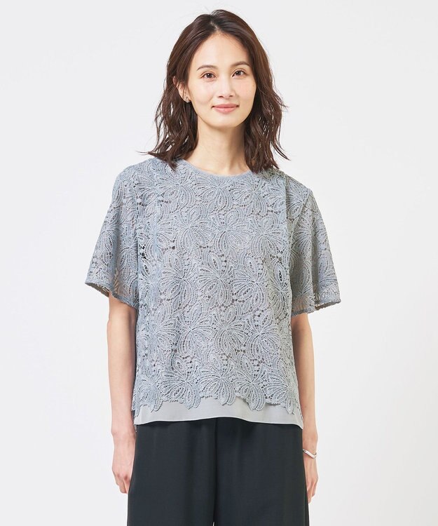 J.PRESS LADIES レースコンビジャージー カットソー グレイッシュブルー系