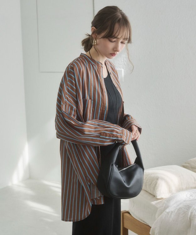 WEGO 着丈が選べる オーバーサイズ バンドカラー シャツ / ストライプ / 無地 柄4