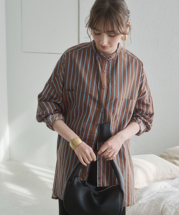 WEGO 着丈が選べる オーバーサイズ バンドカラー シャツ / ストライプ / 無地 柄4