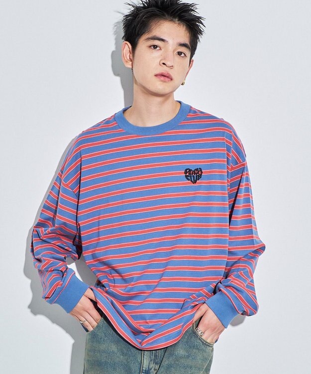 WEGO 【MLサイズ展開】ボーダーワンポイントT（LS） ブルーボーダー