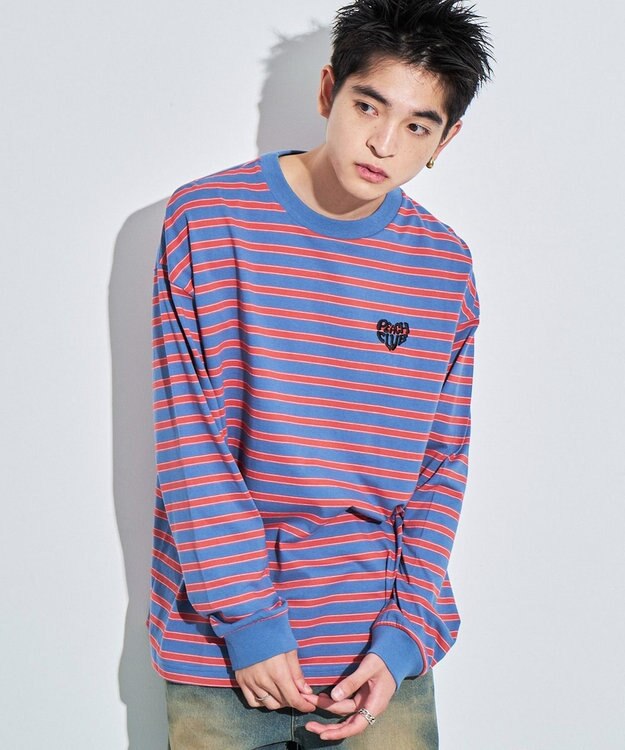 WEGO 【MLサイズ展開】ボーダーワンポイントT（LS） ブルーボーダー