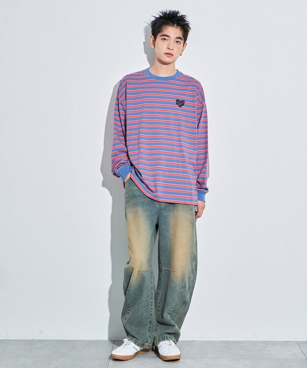 WEGO 【MLサイズ展開】ボーダーワンポイントT（LS） ブルーボーダー