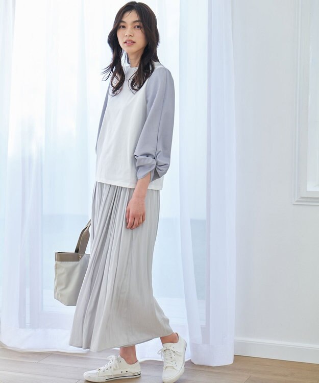 ANY 【洗濯機可/UVケア/アンチピリング】布帛ねじり袖コンビプルオーバー ホワイト×ストライプ