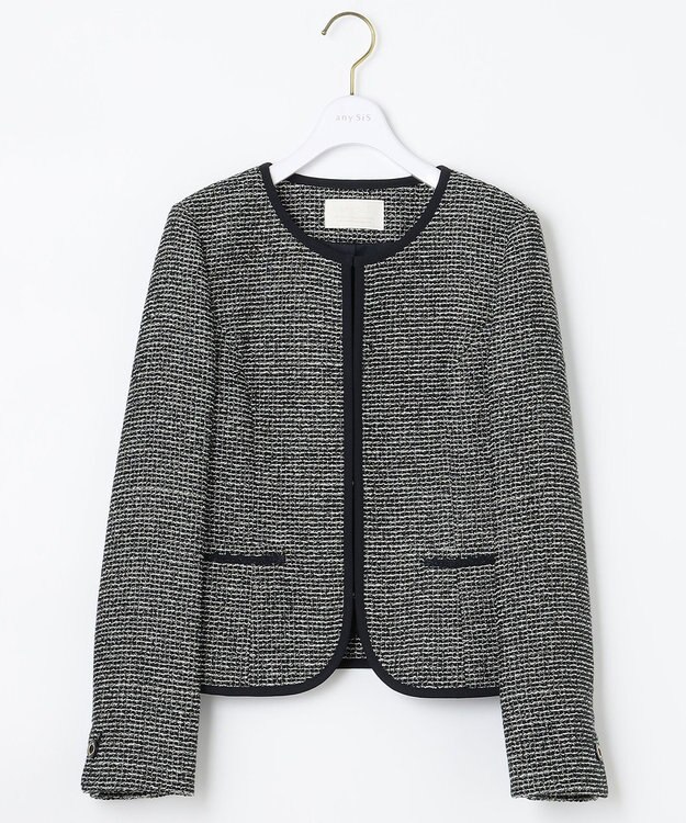 ANY SIS シャイニーストレッチツイード ノーカラージャケット シャンブレーネイビー