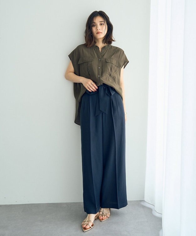 YECCA VECCA ベルテッドリネン混ワイドパンツ Navy