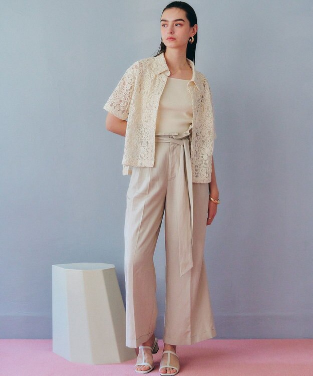 YECCA VECCA ベルテッドリネン混ワイドパンツ Light Beige