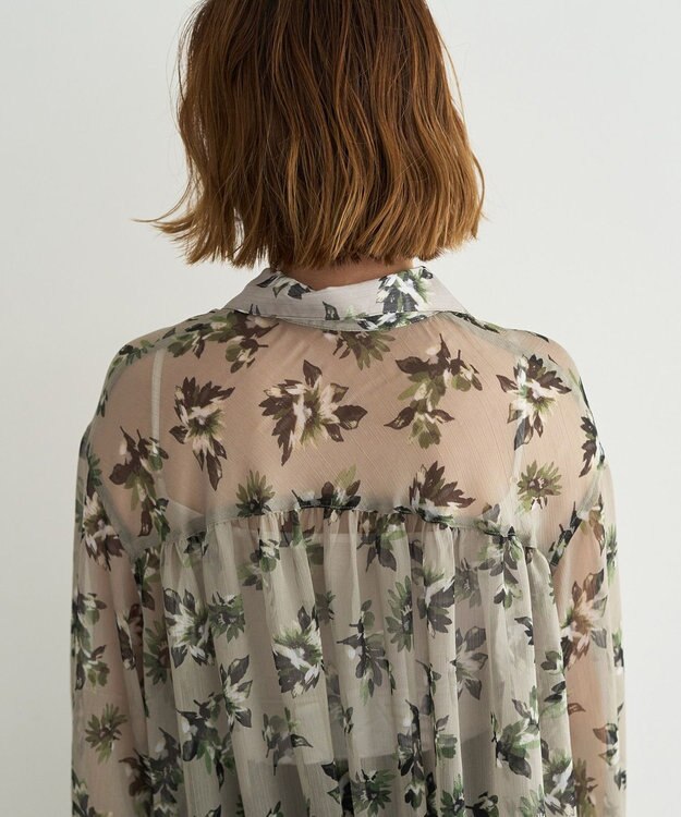 YECCA VECCA フラワー柄シアーロングシャツ Light Khaki