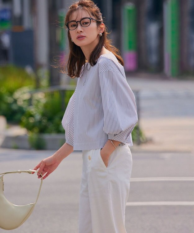 23区 L 【一部店舗限定/洗える】ハイカウントウェザーストレッチ ボートネック コンパクト ブラウス ホワイト×ブラックストライプ