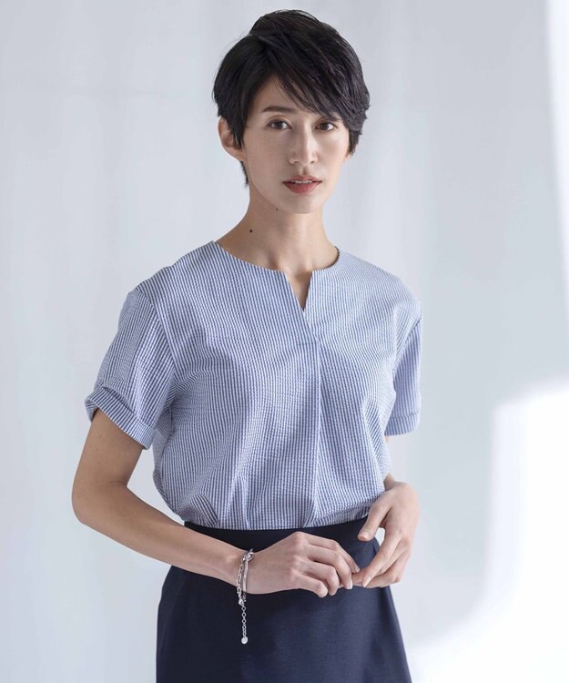 J.PRESS LADIES L 【WEB限定カラーあり・抗菌消臭・吸水速乾】サッカージャージー キーネック カットソー ブルー系1