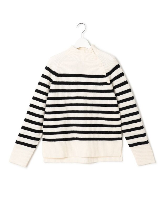 23区 S 【洗える】ウールカシミヤ パネルボーダー ニット オフホワイトxブラックボーダー