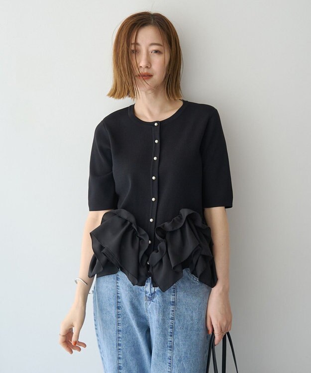 YECCA VECCA パール釦ラッフル5分袖カーディガン Black