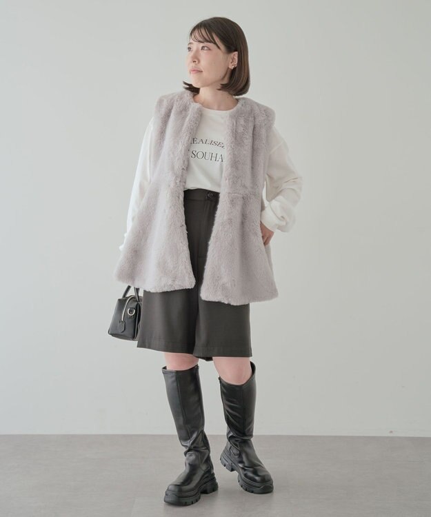 Green Parks ・ＥＬＥＮＣＡＲＥ　ＤＵＥペプラムフェイクファーベス Gray Beige