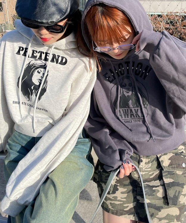 WEGO ガールプリントプルパーカー 杢グレー