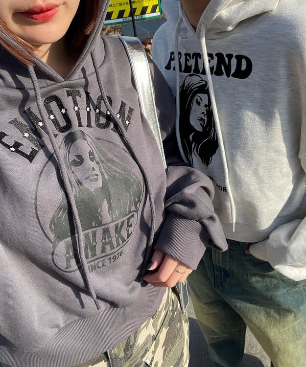 WEGO ガールプリントプルパーカー 杢グレー