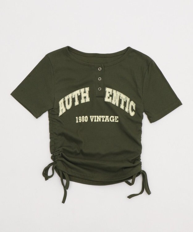 WEGO サイドギャザーヘンリーネックロゴT カーキ