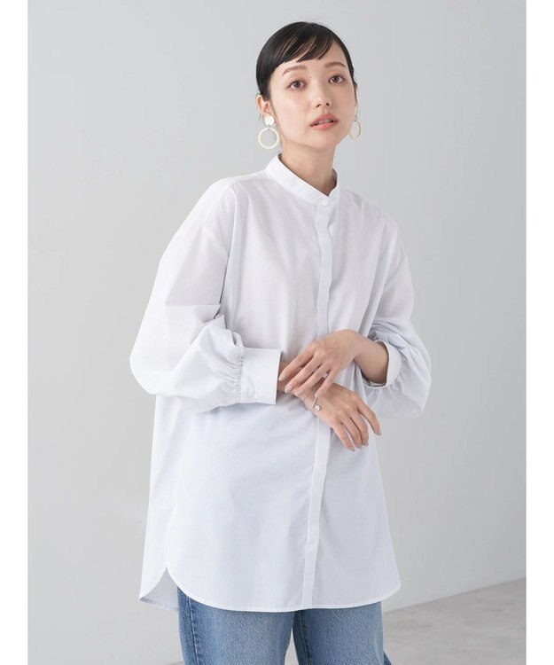 earth music&ecology バンドカラーストライプシャツ Light Gray