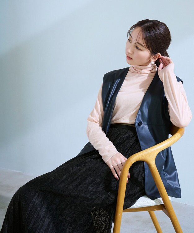 自由区 L 【セットアップ対応・ウエストゴム・洗える】ラッセルレース  スカート ネイビー系