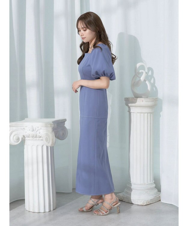 earth music&ecology 配色ステッチパフスリーブワンピース Black