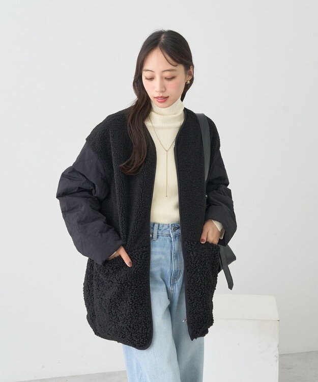 earth music&ecology ボアキルトミドルコート Black