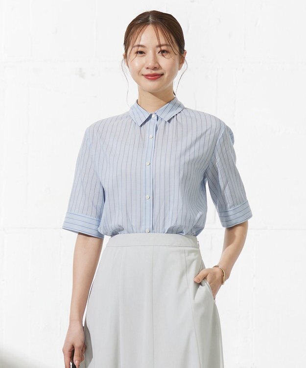 J.PRESS LADIES 【洗える】ウォッシャブルストライプ シャツカラー ブラウス サックスブルー系1