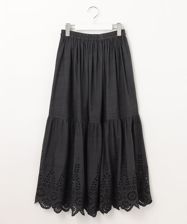 Feroux 【洗える】刺繍ティアード スカート グレー系