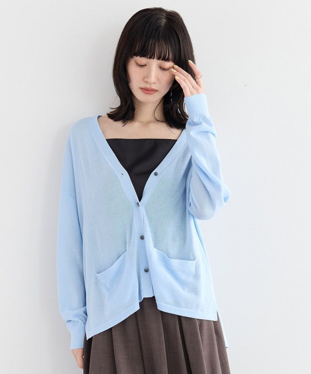 YECCA VECCA ハイゲージミドル丈Vネックカーディガン Sax