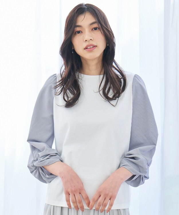 ANY 【洗濯機可/UVケア/アンチピリング】布帛ねじり袖コンビプルオーバー ホワイト×ストライプ