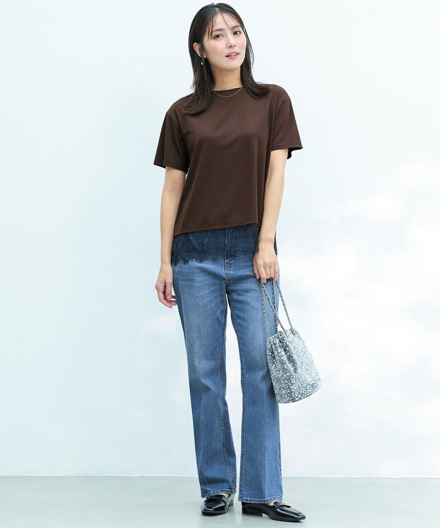 ANY SIS L 裾レース半袖Ｔシャツ ブラウン×ブラック