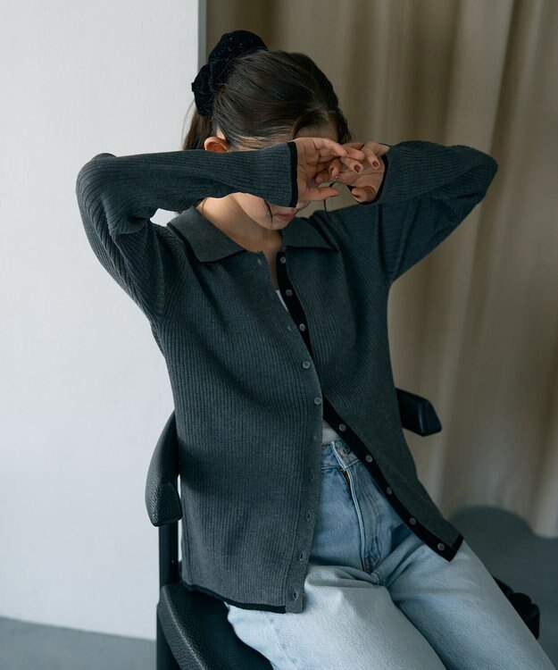 earth music&ecology バイカラートリムロングニットカーディガン Charcoal Gray