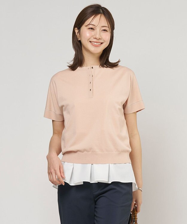 J.PRESS LADIES L COOL MINT COTTON POLYESTER ヘンリーネック ニット プルオーバー サーモン系