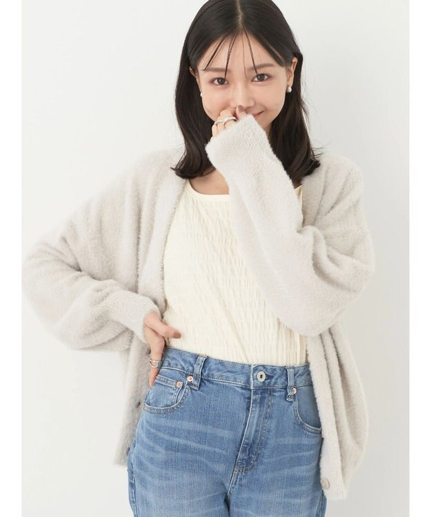 earth music&ecology ミニシャギーＶネックカーディガン Gray Beige