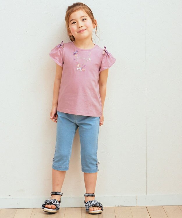 ANY KIDS 刺繍 オン・オフショルダー Tシャツ ピンク