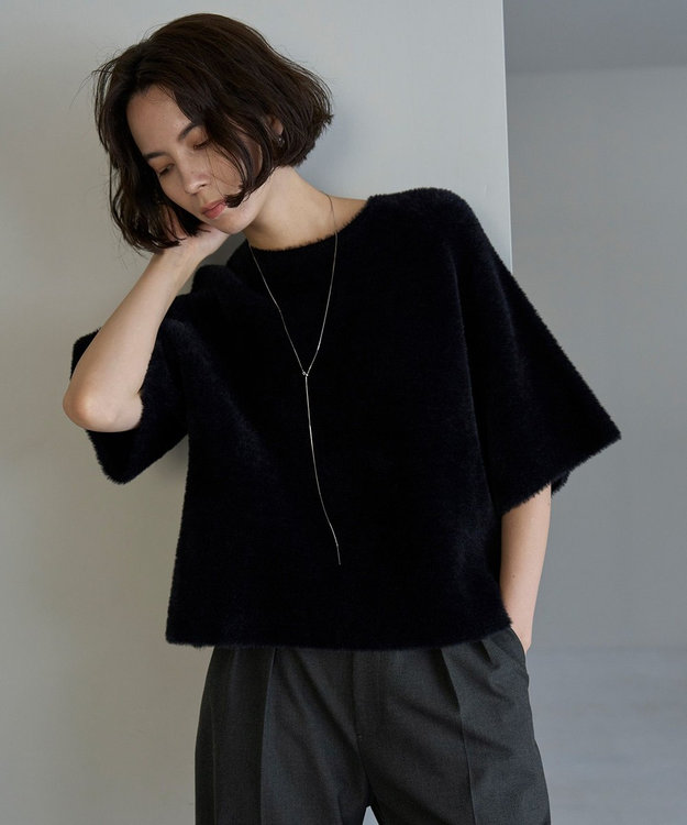 UNFILO L ナイロンシャギー  ハーフスリーブ プルオーバー ブラック